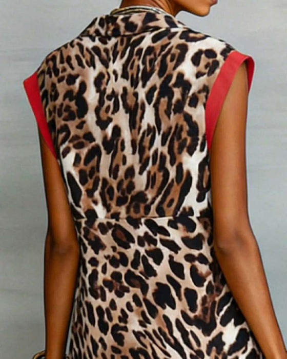 Robe Revers Léopard Imprimé Contraste Maxi