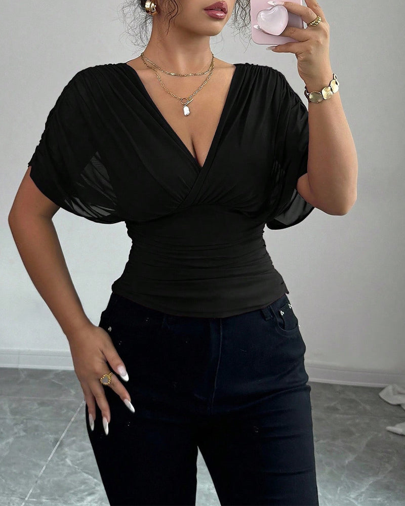 Blouse Unie Profond Col En V Taille Manches Courtes