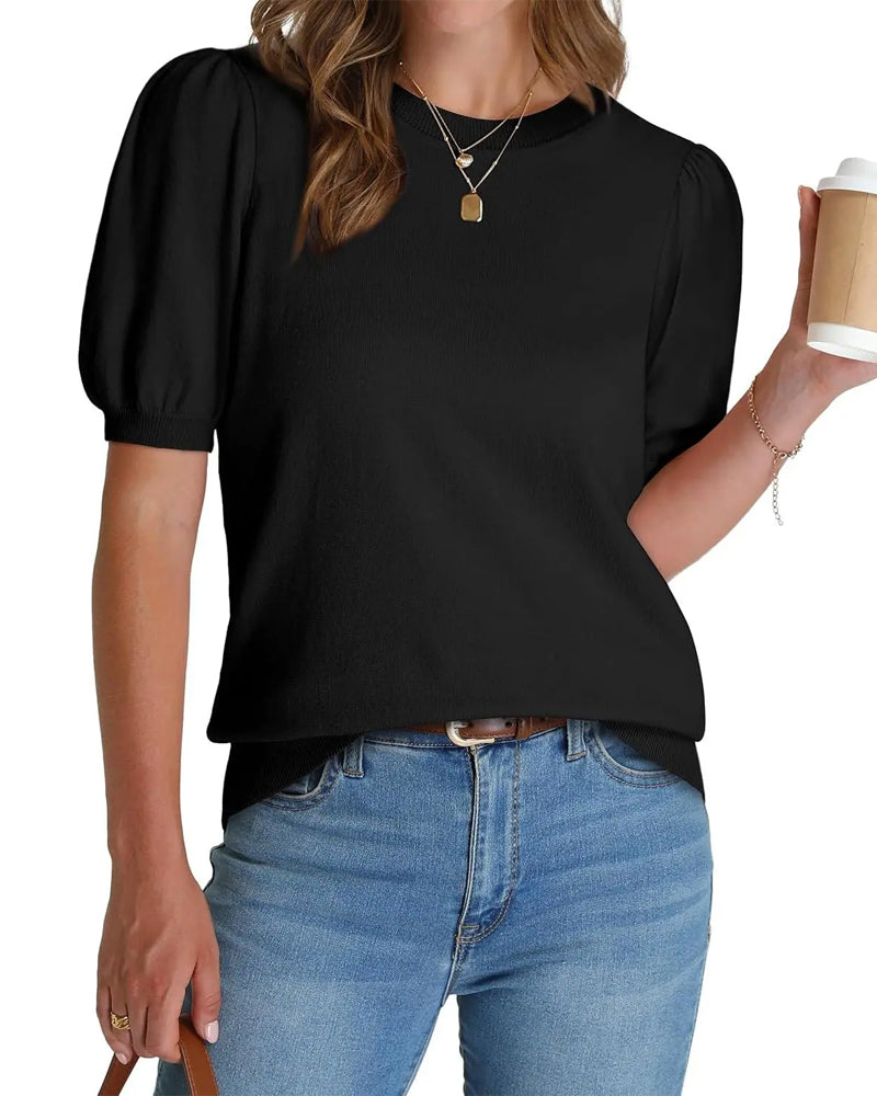 Pull-Over Manche Bouffante Tricoté Manches Courtes