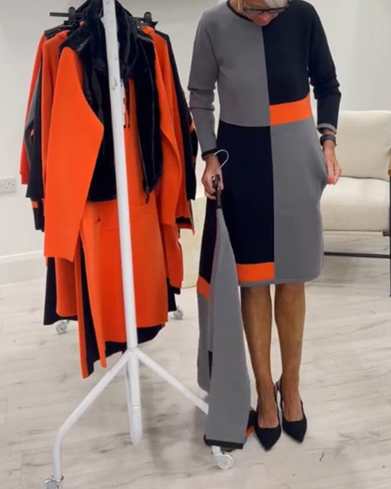 Robe élégante à col rond et à quatre carrés assortis de couleurs