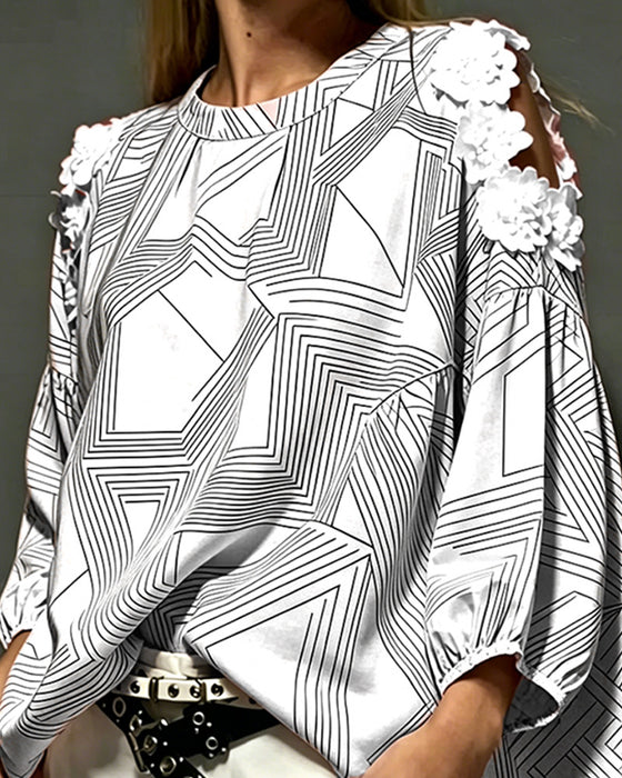 Blouse Col Rond Hors Épaule Géométrique Lâche