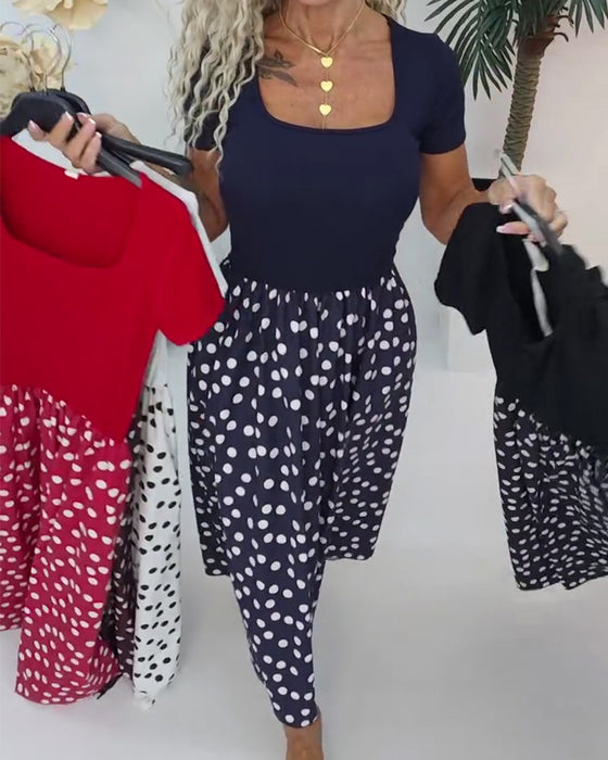 Robe Col Carré Polka Dot Patchwork