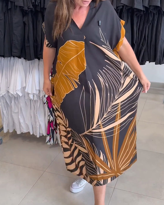 Robe Col V Grand Imprimé Feuille Ample