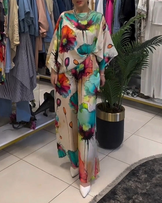 Ensemble asymétrique à manches trois-quarts à imprimé lotus