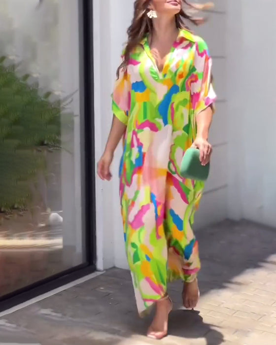 Robe décontractée à manches mi-longues et revers imprimés