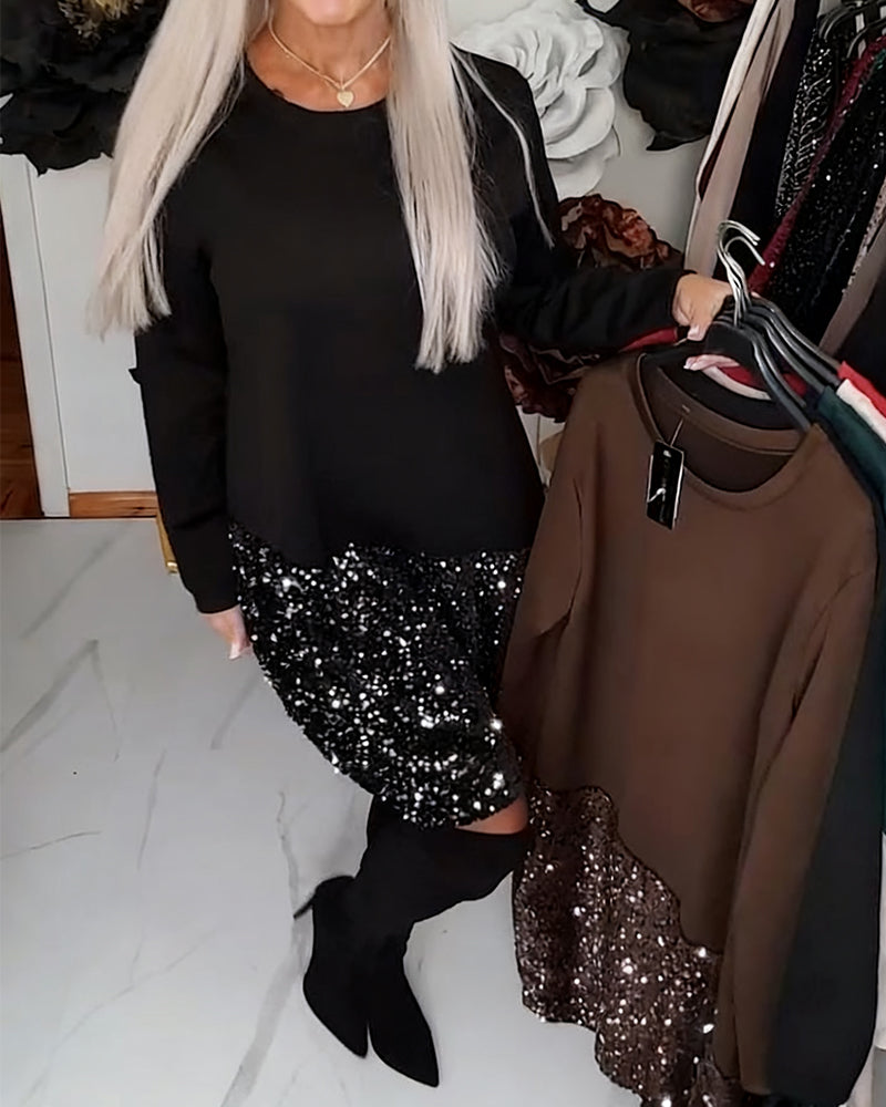 Robe Col Rond Manches Longues À Paillettes Patchwork