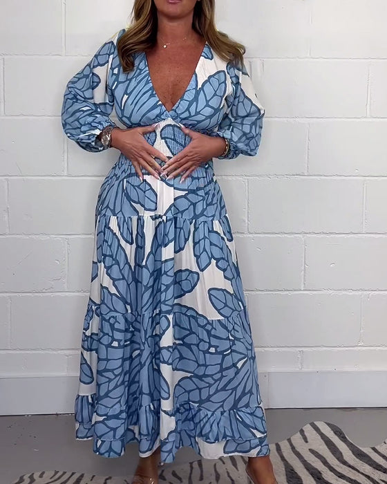Robe longue à taille imprimée et col en V pour femmes