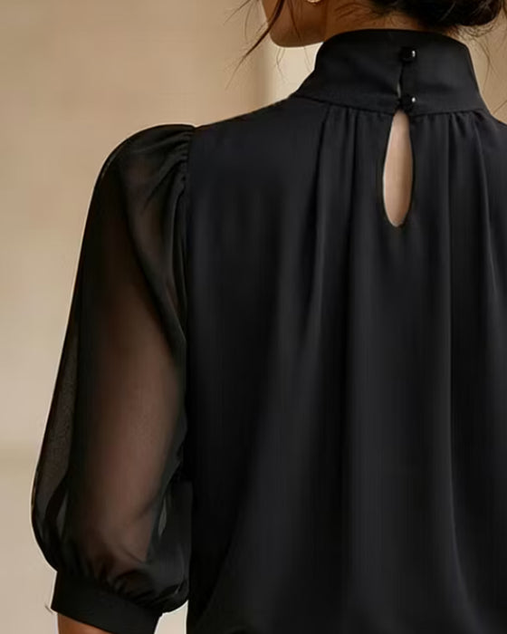 Blouse Col Haut Manches Ballon Coude Mousseline