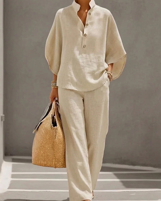Ensemble Col Monté Manche Chauve-Souris Large Jambe Pantalon