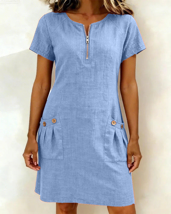 Robe Fermeture Éclair Poche Coton Lin