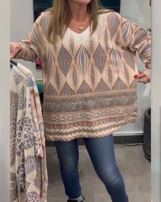 Haut Imprimé Losange Géométrique Manches Longues Col V