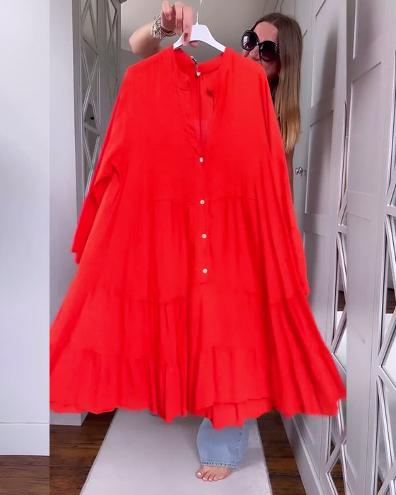 Robe patchwork évasée à manches longues et col en V de couleur unie