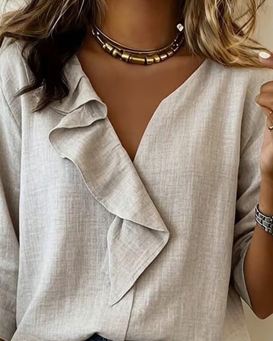 Chemisier À Volants Unie Manches Longues