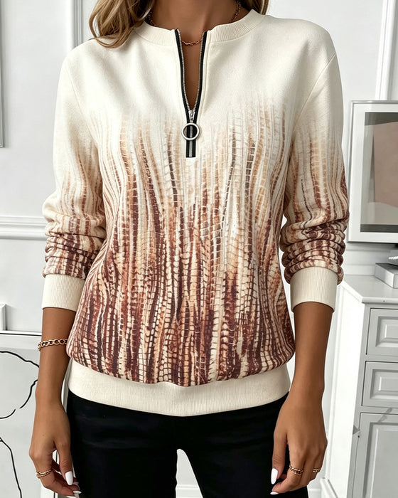 Sweat-Shirt Dégradé Col Rond Fermeture Éclair Manches Longues