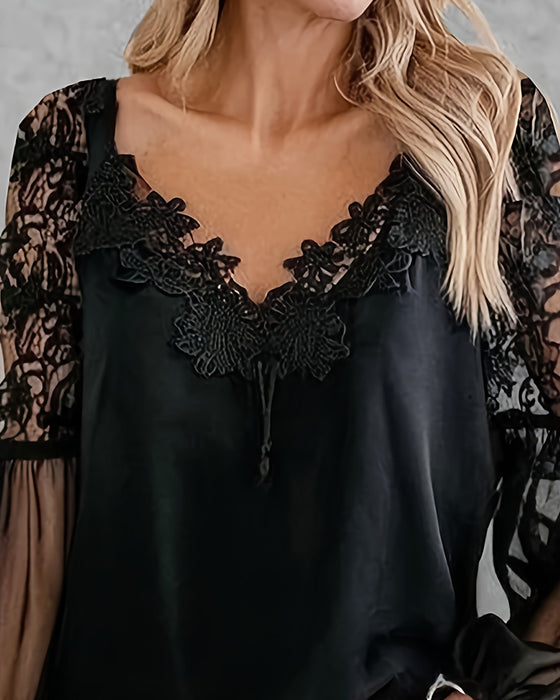Blouse Col En V Dentelle Patchwork Mesh