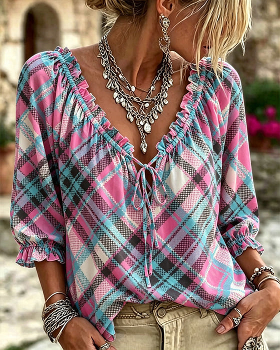 Blouse Volant Parement Nœud Devant Vichy