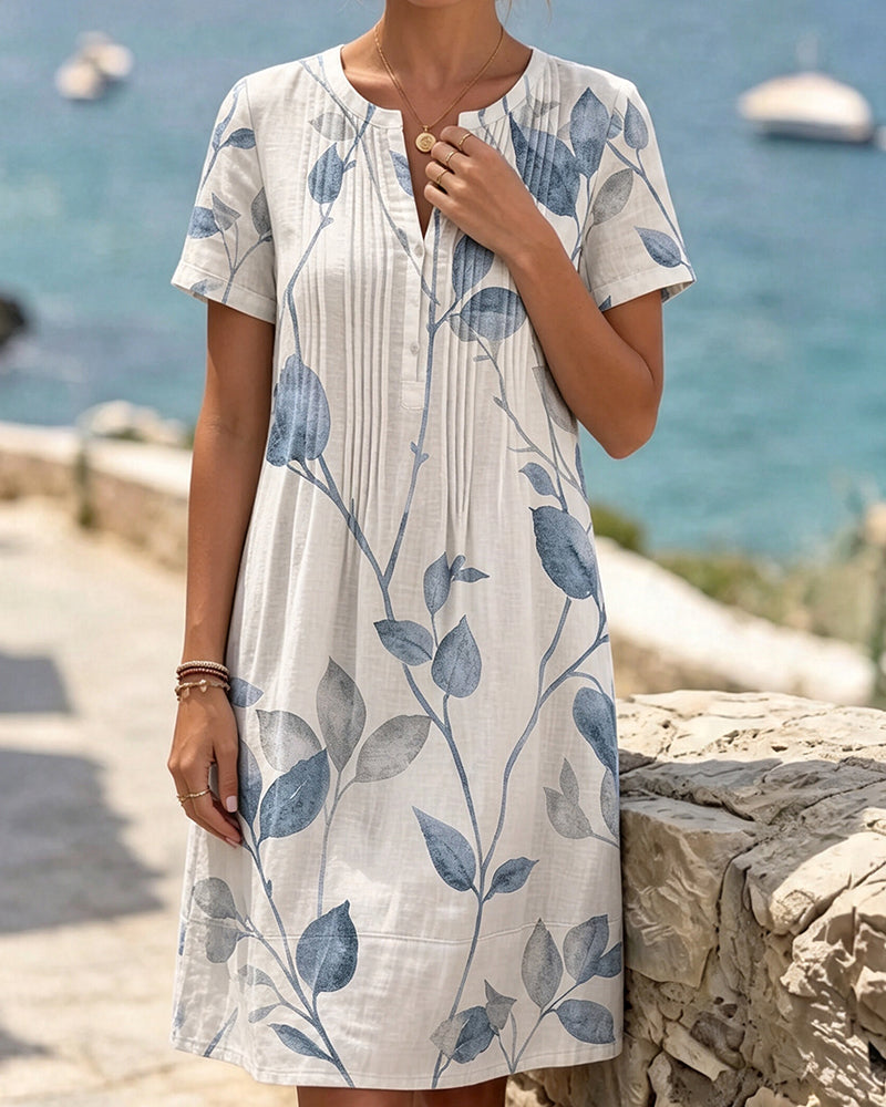 Robe Froncée Imprimé Feuille Manches Courtes Mini