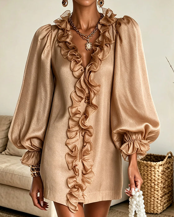 Robe Manche-Pouf Volant-Ornement Col-V