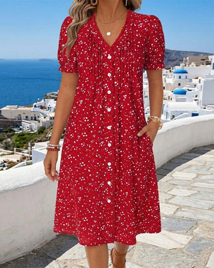 Robe Fleurie Col V Boutonnée Devant