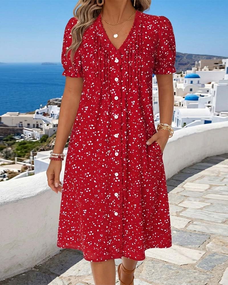 Robe Fleurie Col V Boutonnée Devant