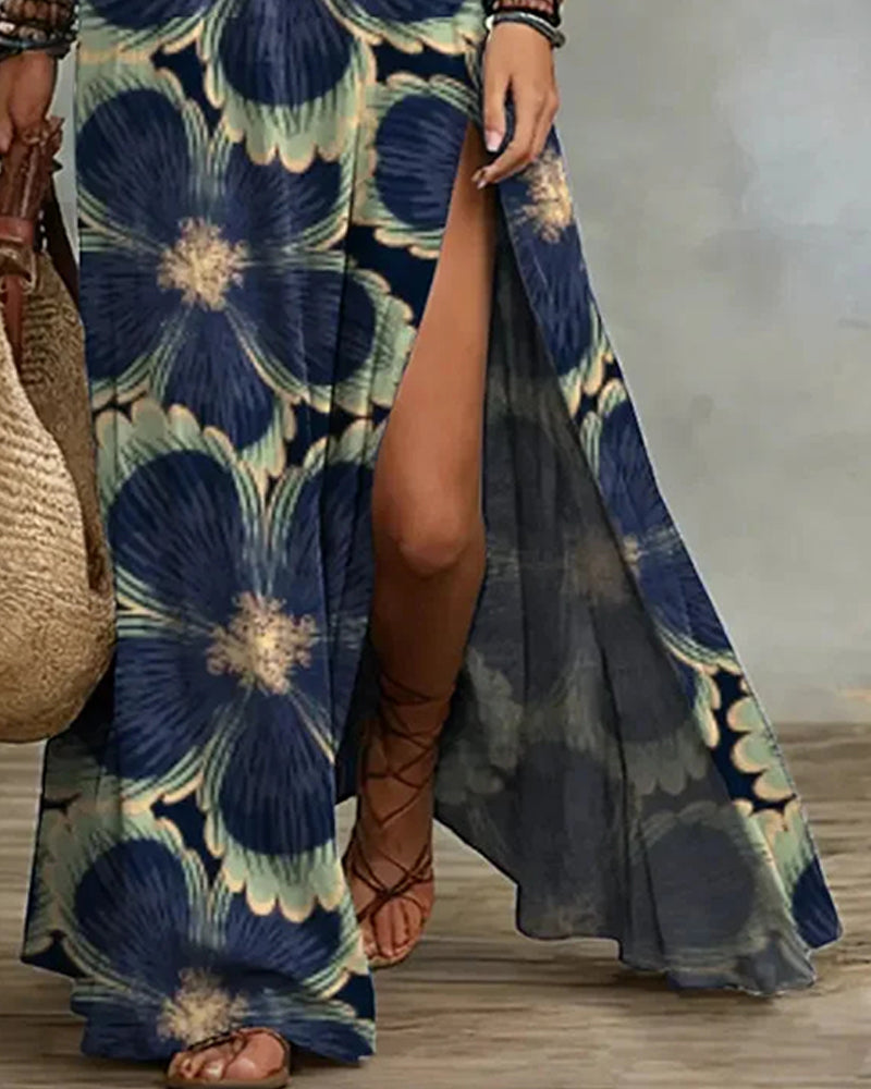 Robe Imprimé Floral Halter Sans Manches Fente Longue