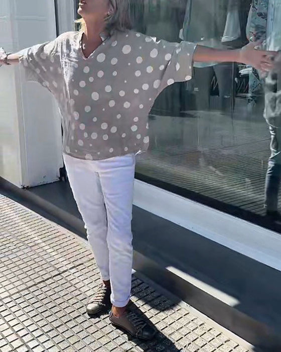 Blouse Col En V À Pois Manches Mi-Longues