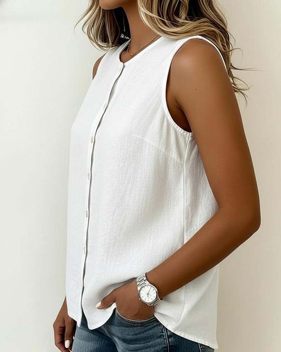 Blouse Col Rond Simple Boutonnage Sans Manches