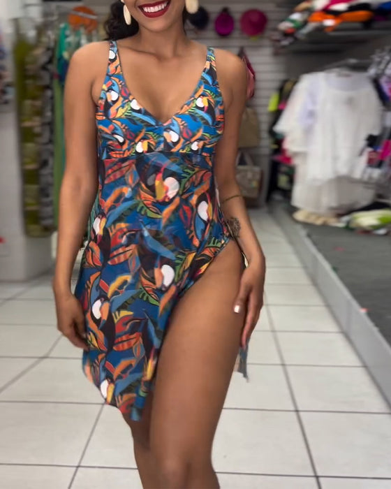 Maillot De Bain Une-Pièce Coloré Imprimé Fendu À Bretelles