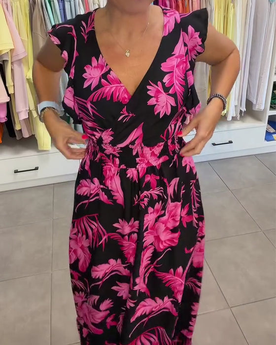 Robe Florale Tropicale Col En V Taille Cintrée Longue