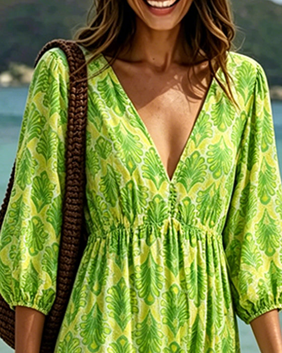 Robe Bloc Couleur Vintage Motif Feuille