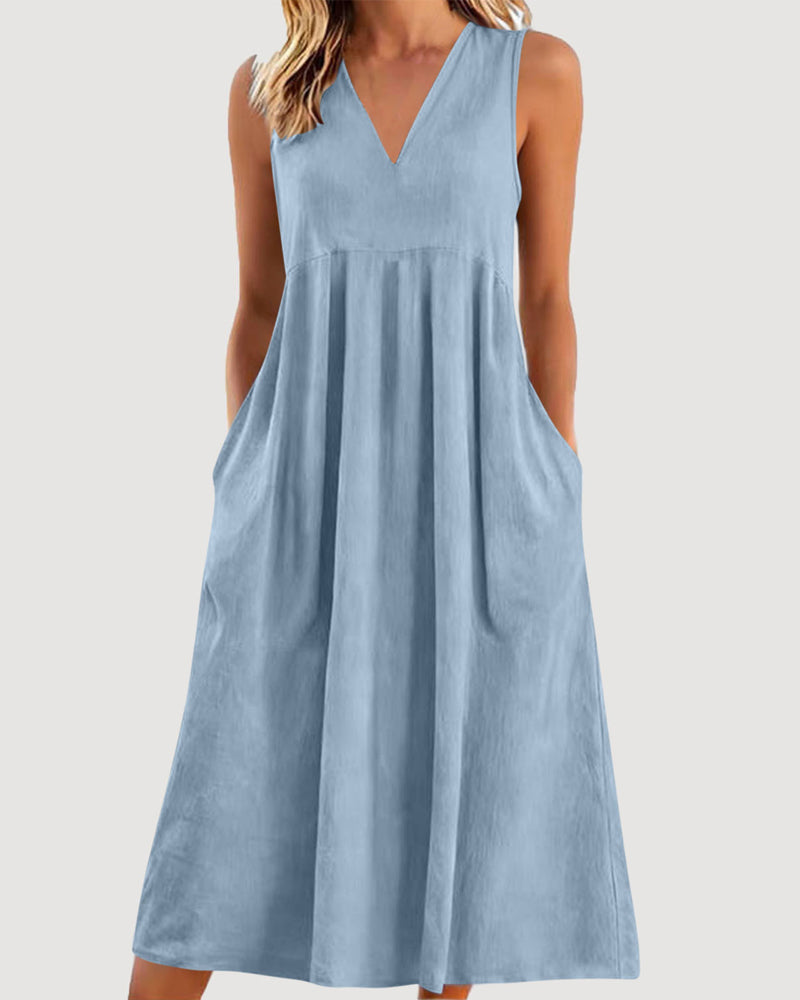Robe Unie Col V Sans Manches