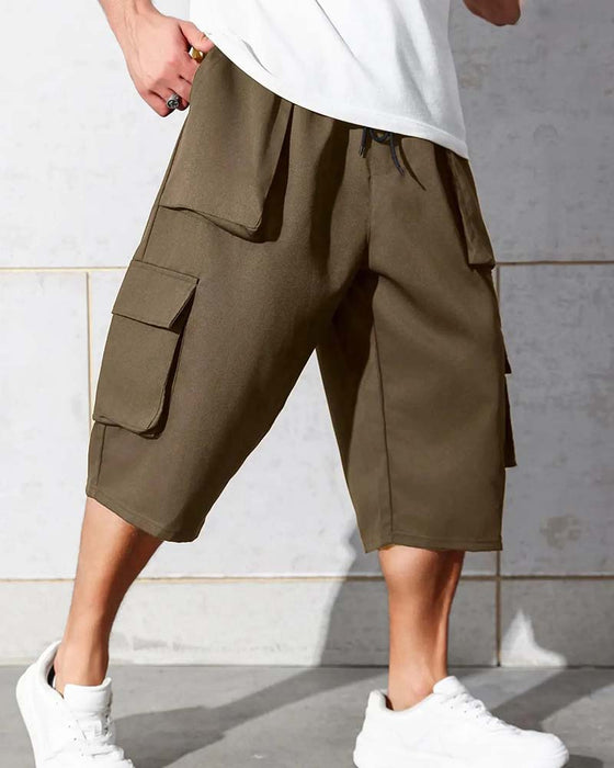 Pantalon Taille Élastique Poche Unie Cargo