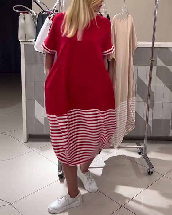 Kleid Kontraststreifen Kurzärmlig Casual