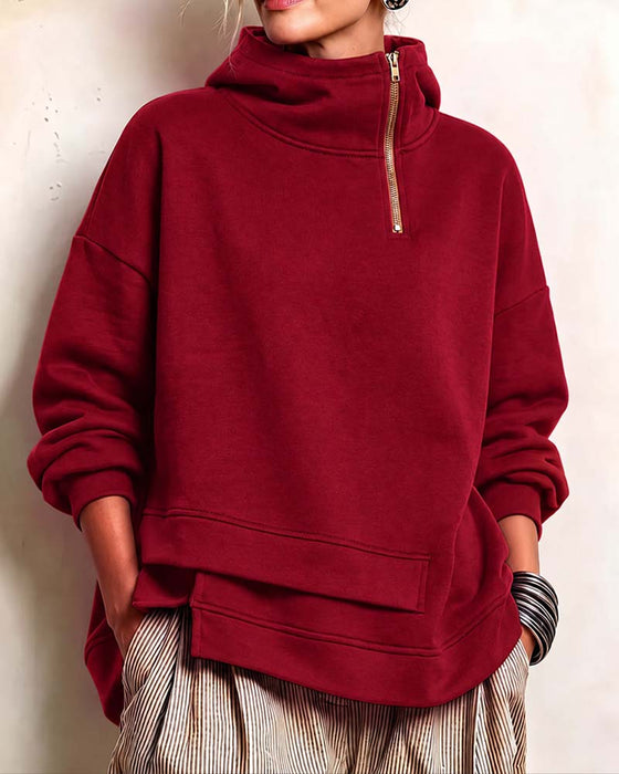 Sweatshirt Col Roulé Fermeture Éclair Irrégulière