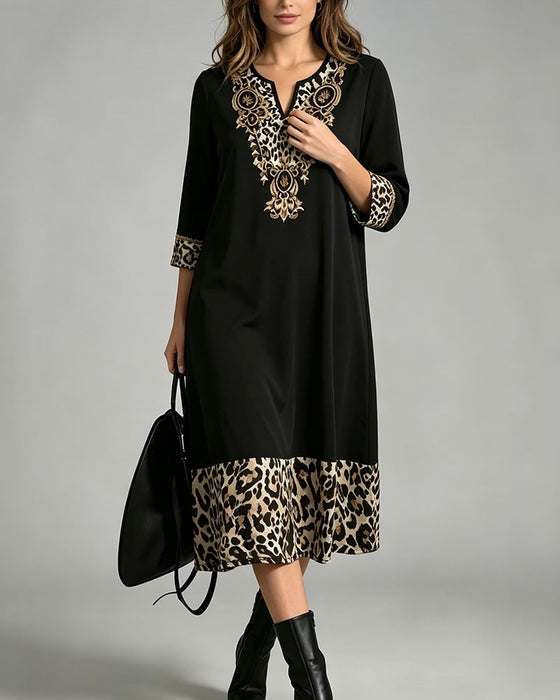 Dress Mini Col V Léopard Imprimé Patchwork Lâche