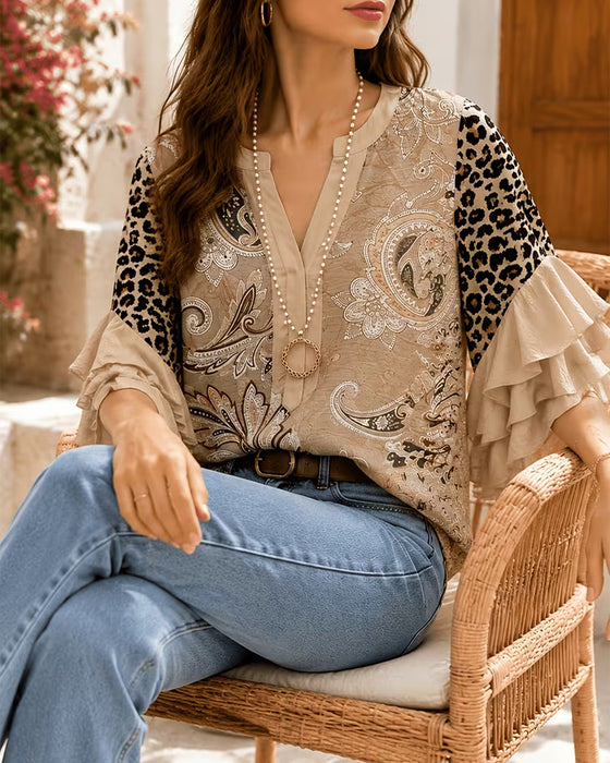 Blouse Léopard Imprimé Panneau Volant Manche
