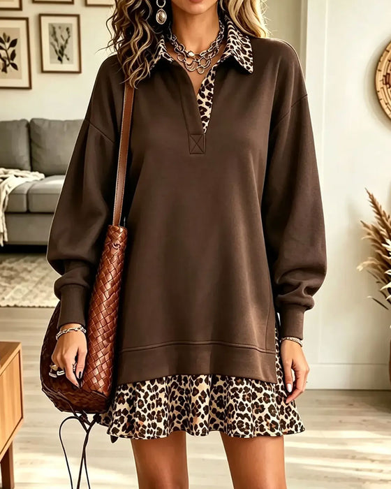 Robe Col À Revers Imprimé Léopard Faux Deux Pièces