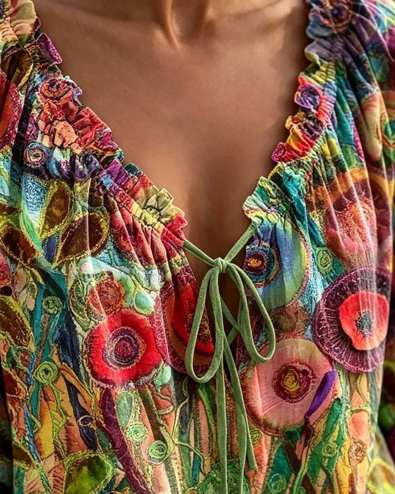 Blouse Col En V Volant Manches Ballon Attacher