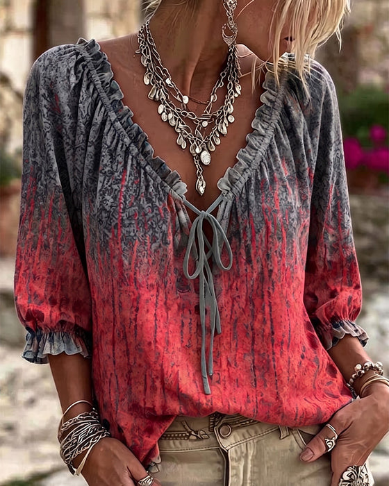 Blouse Dégradé Tie-Dye Cordon Manche Trois Quarts