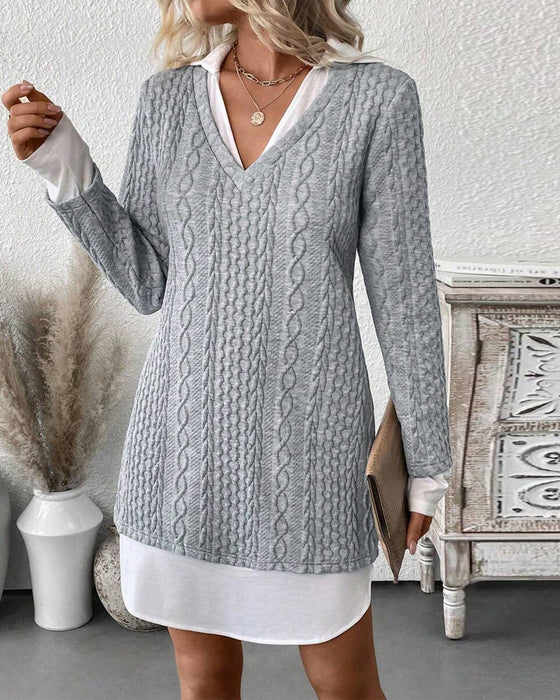 Robe Col Chemise Faux Deux-Pièces Tricot