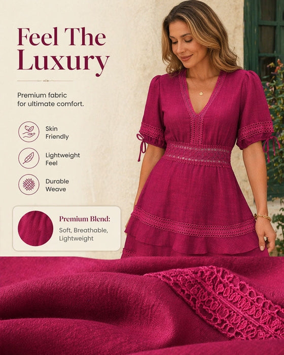 Robe Col V Superposée Unie Dentelle Patchwork