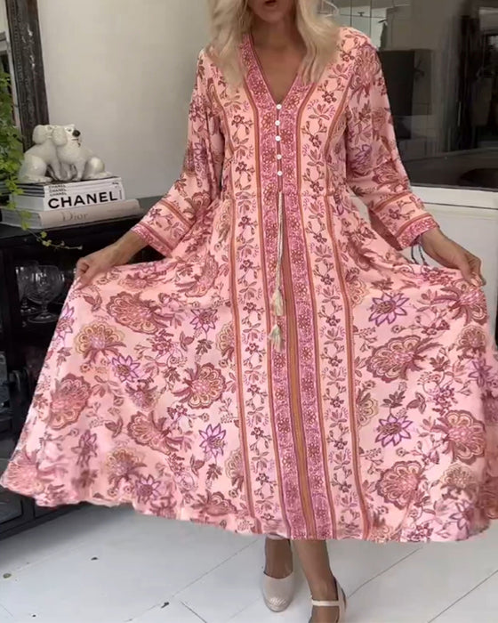 Robe élégante imprimée à col en V avec cordon de serrage et boutons