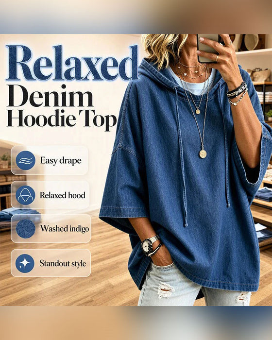 Hoodie À Capuche Cordon De Serrage Manche Coude Denim