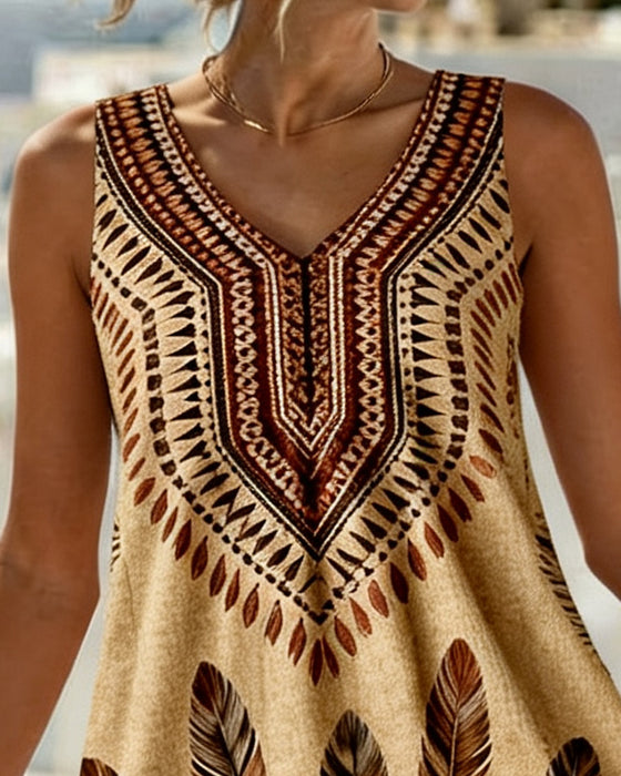 Robe Col-V Sans-Manches Imprimé Ethnique