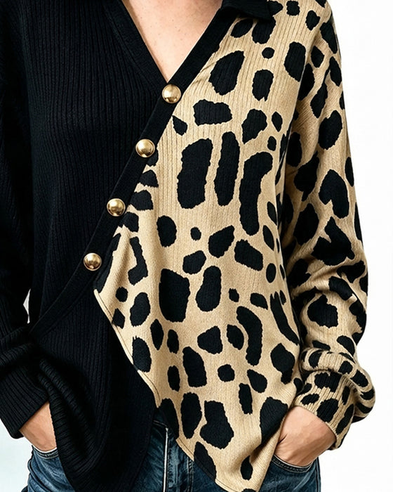 Pullover Léopard Patchwork Patte De Boutonnage Asymétrique Bloc De Couleur