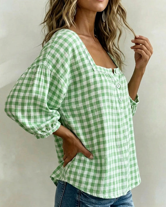 Blouse Col Carré Boutonnage Ecossais