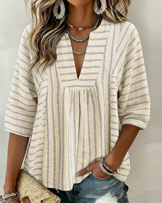 Blouse Rayure Texture Demi Manche Décontractée