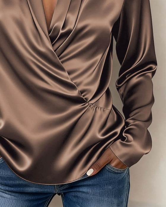 Blouse Col En V Enveloppante Drapée Manches Longues