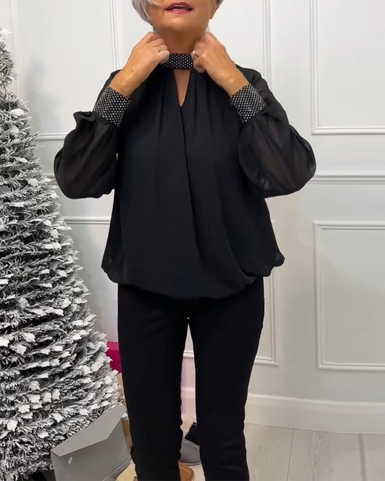 Chemisier à col montant ajouré en patchwork de couleur unie