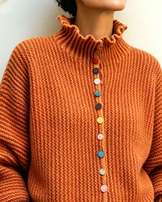 Pullover Couleur Bouton Volant Garniture Tricoté